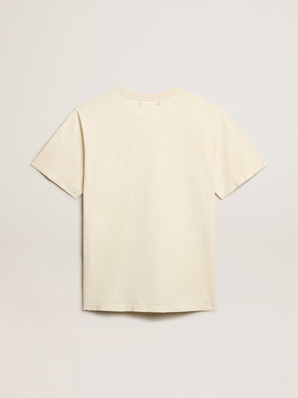 Men's cotton T-shirt in aged white with green lettering| Golden Goose