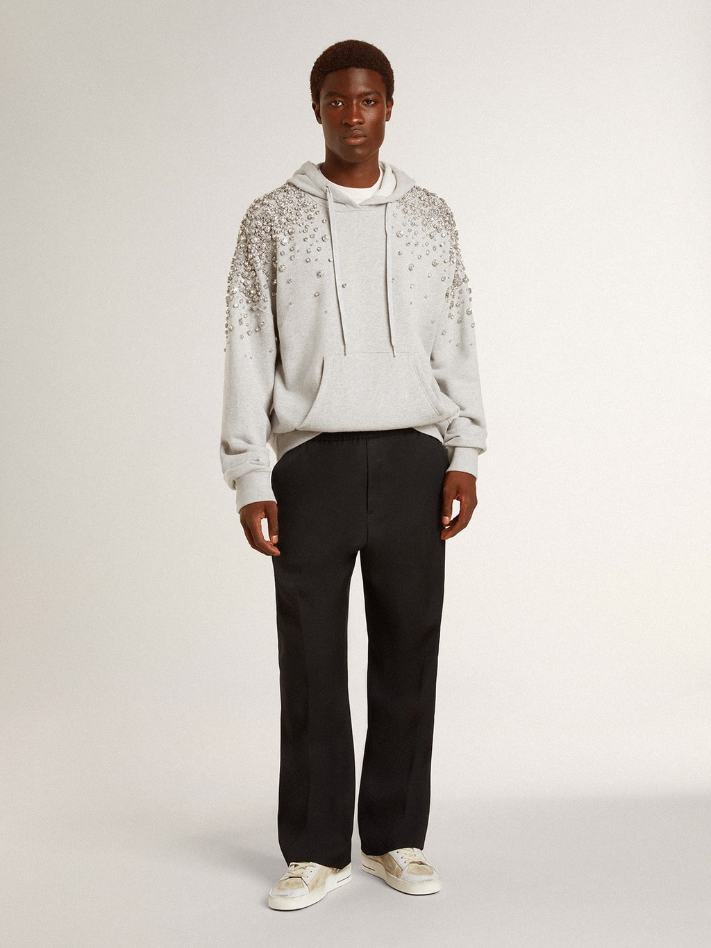 Gray hooded sweatshirt with crystal decoration| Golden Goose