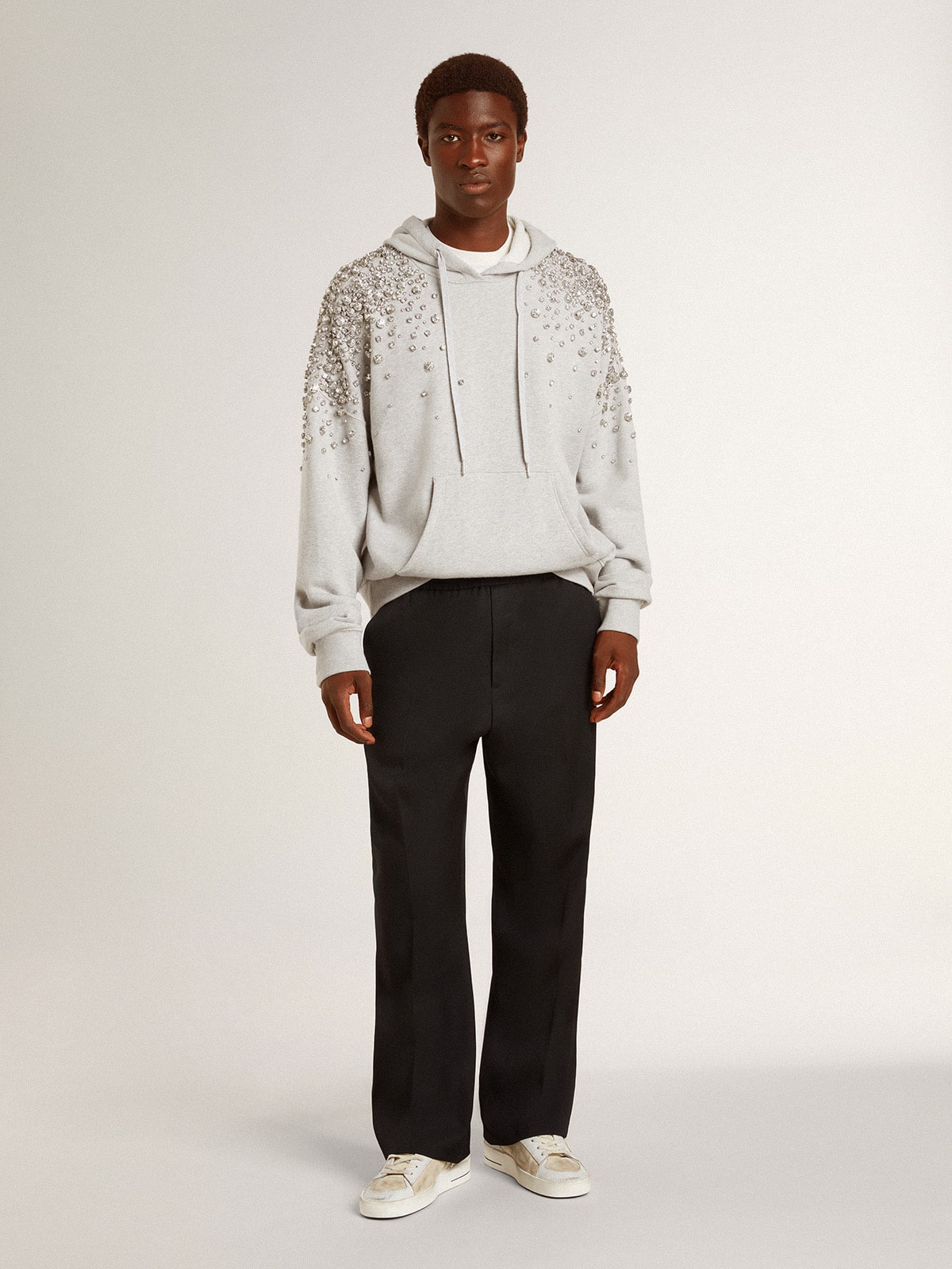 Gray hooded sweatshirt with crystal decoration| Golden Goose