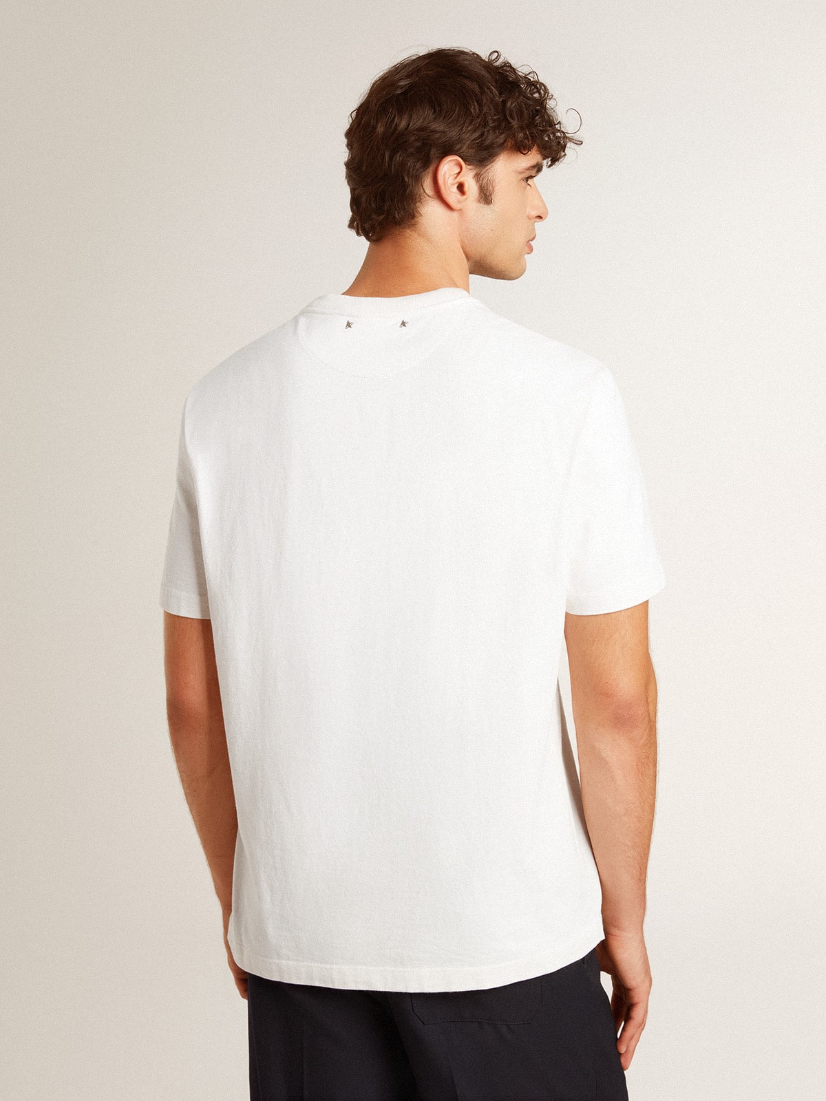 Men's worn-white cotton T-shirt with black lettering| Golden Goose