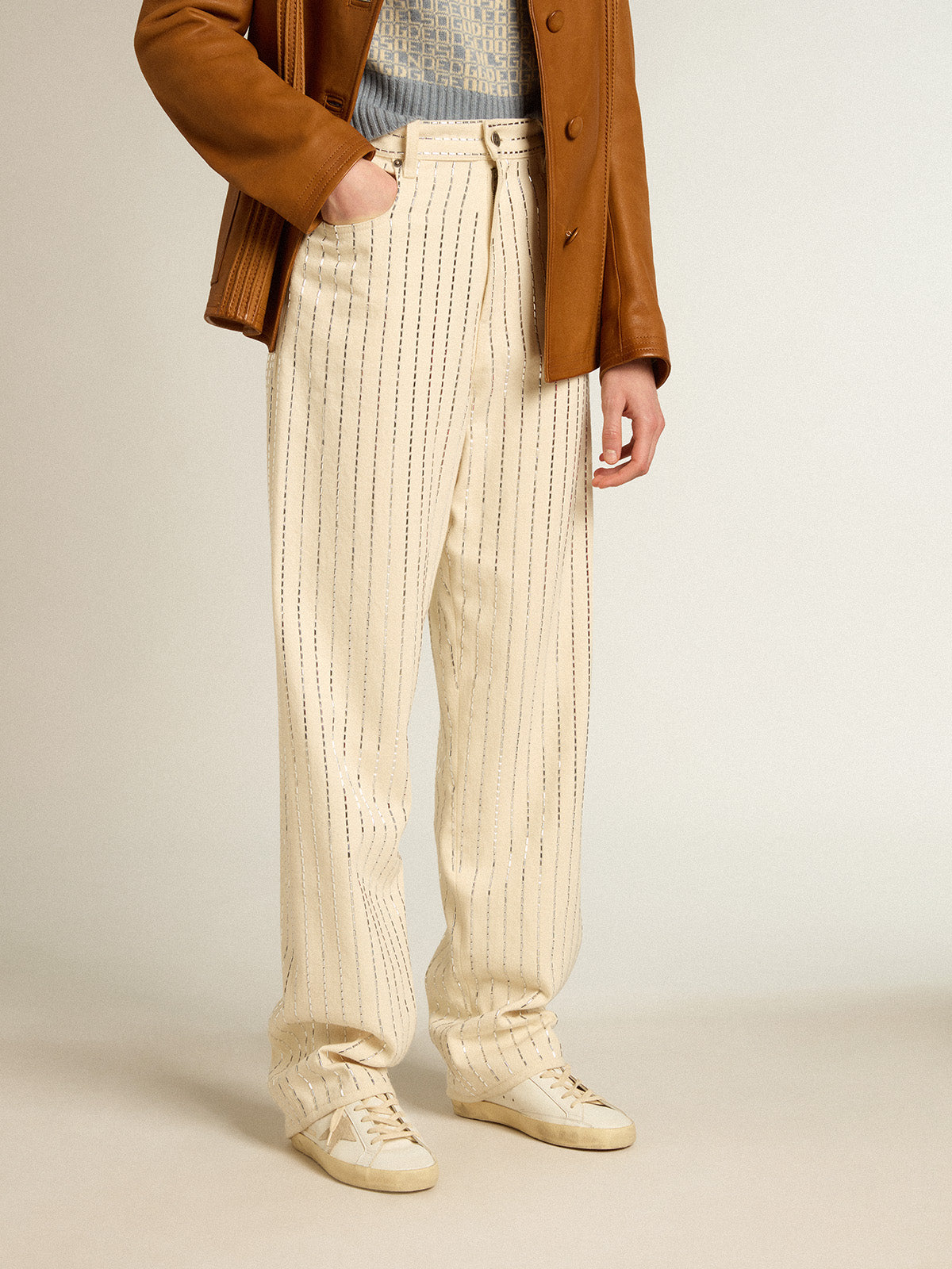 White pants with baguette-shaped studs| Golden Goose