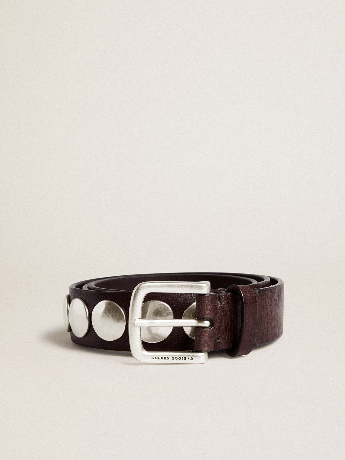 Trinidad belt in dark brown leather with silver maxi studs| Golden Goose