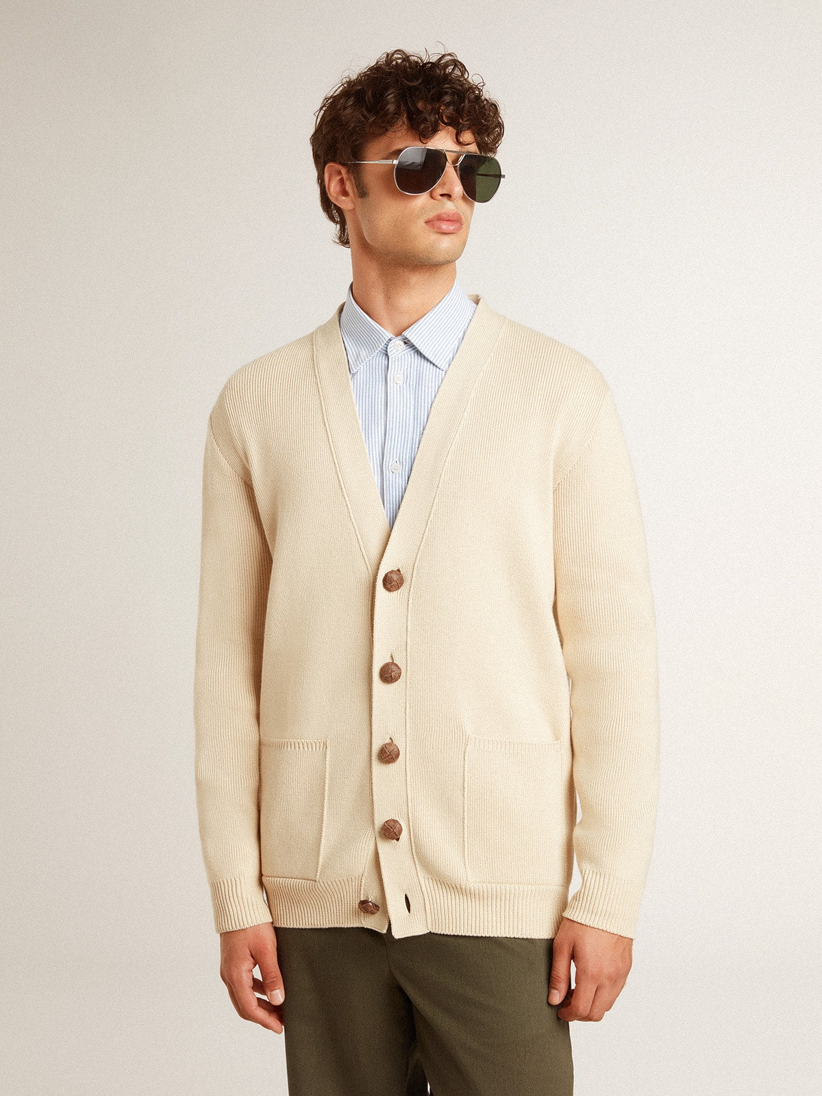 Men's beige cardigan with 'Golden' lettering on the back| Golden Goose