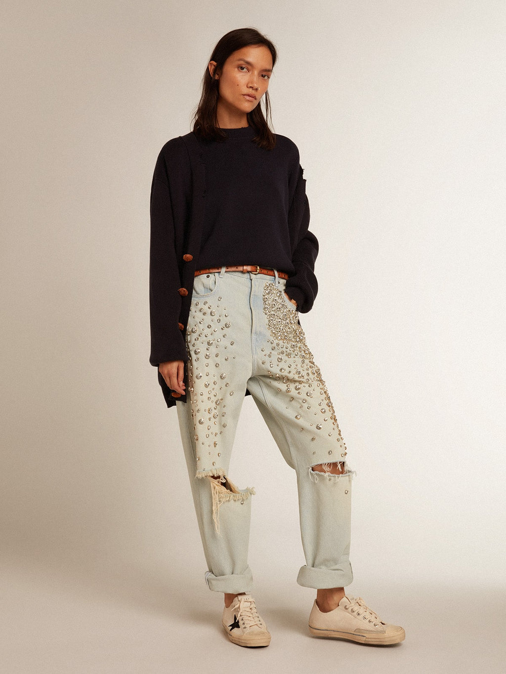 Women's round-neck sweater in dark blue cotton| Golden Goose