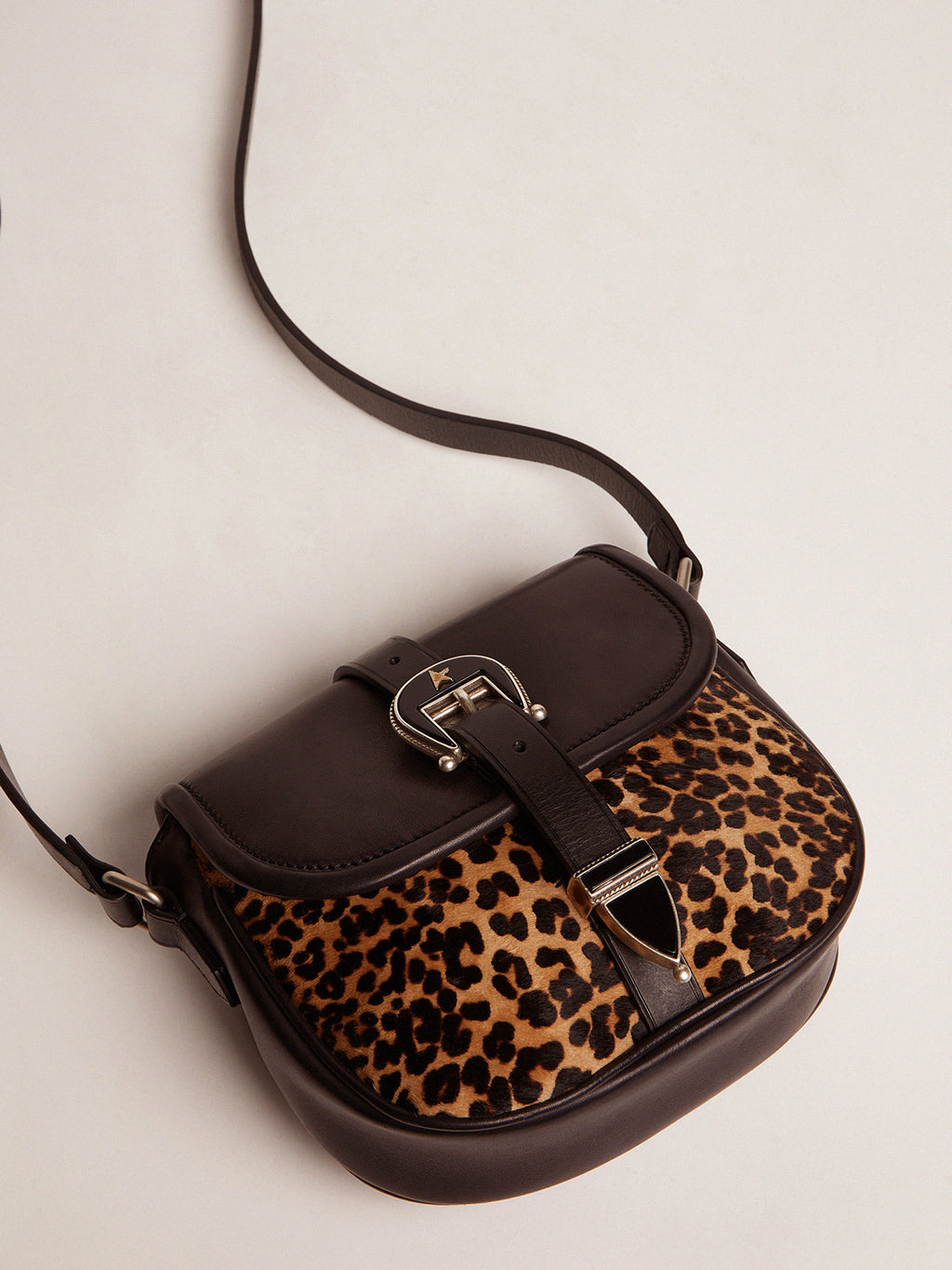 Small Rodeo Bag in black leather and leopard-print pony skin| Golden Goose