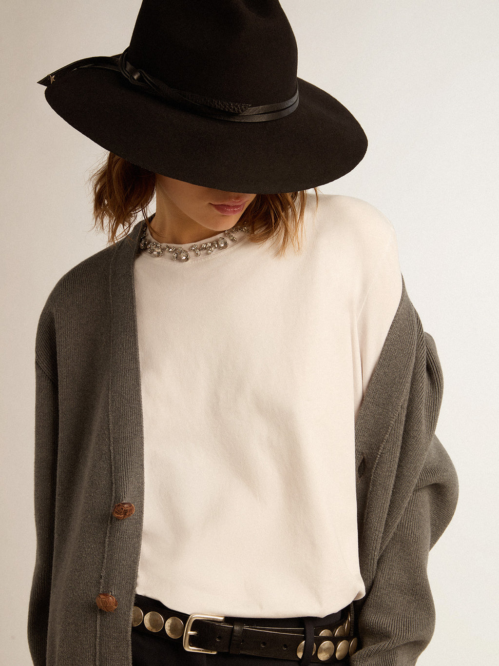 Women's grey cotton cardigan with buttons| Golden Goose