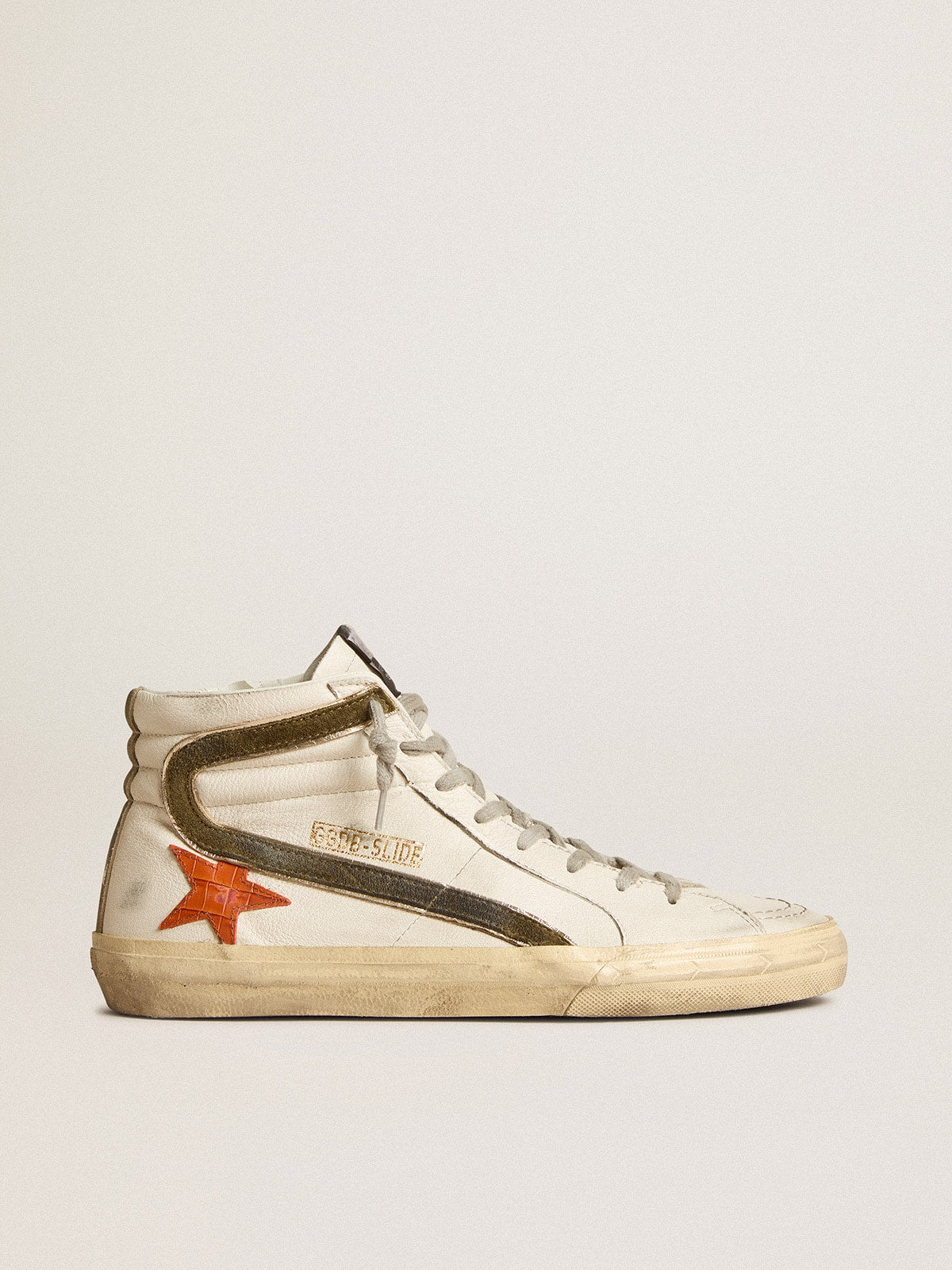Men's nappa leather Slide with orange croc-print star and green suede flash| Golden Goose