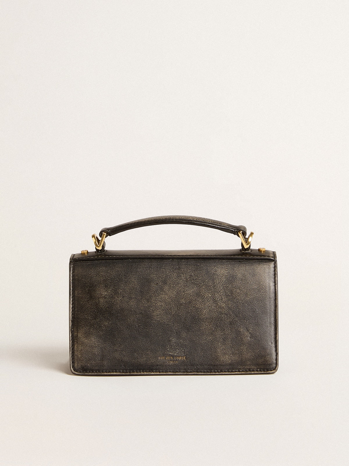 Small Venezia Bag in black distressed leather with gold details| Golden Goose