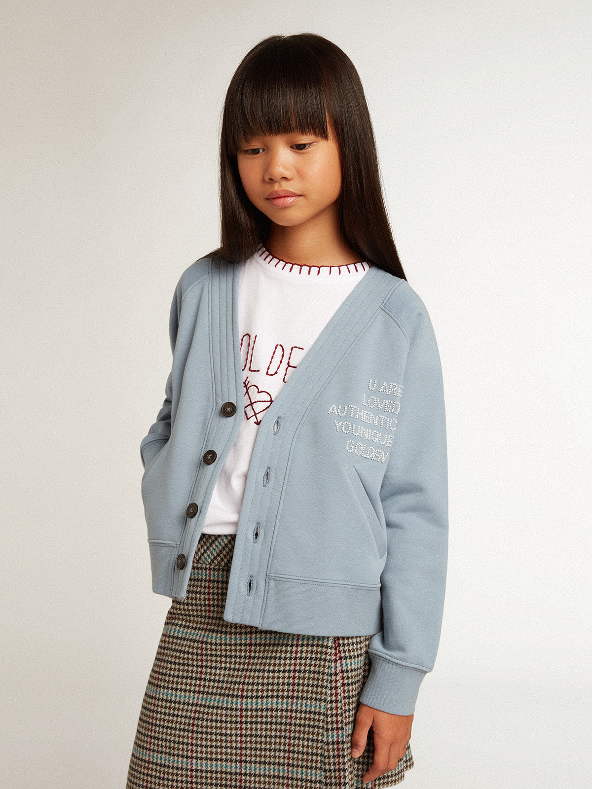 Girls' light blue cotton cardigan with beaded lettering| Golden Goose