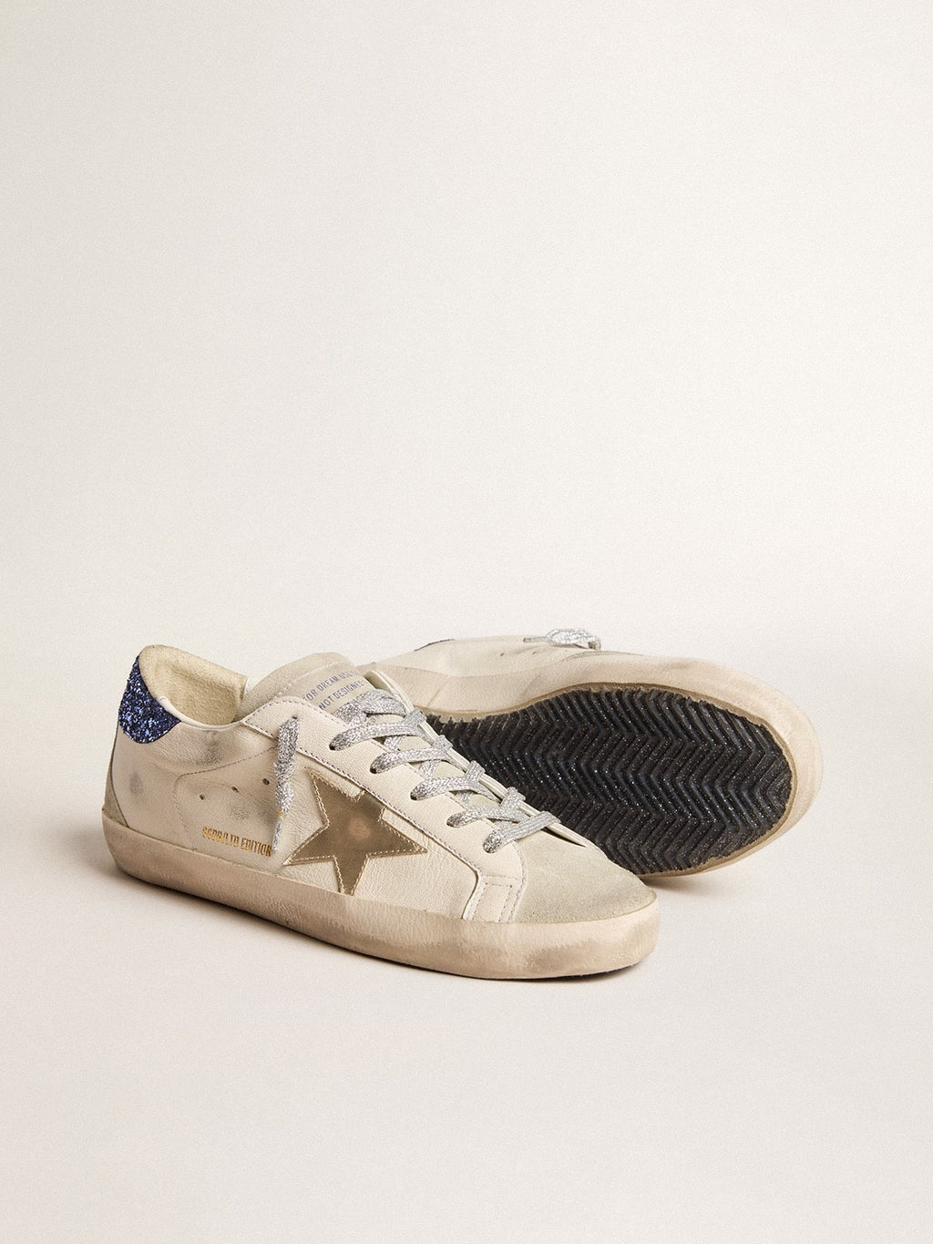 Women's Super-Star LTD in nappa leather with platinum star and blue glitter heel tab| Golden Goose
