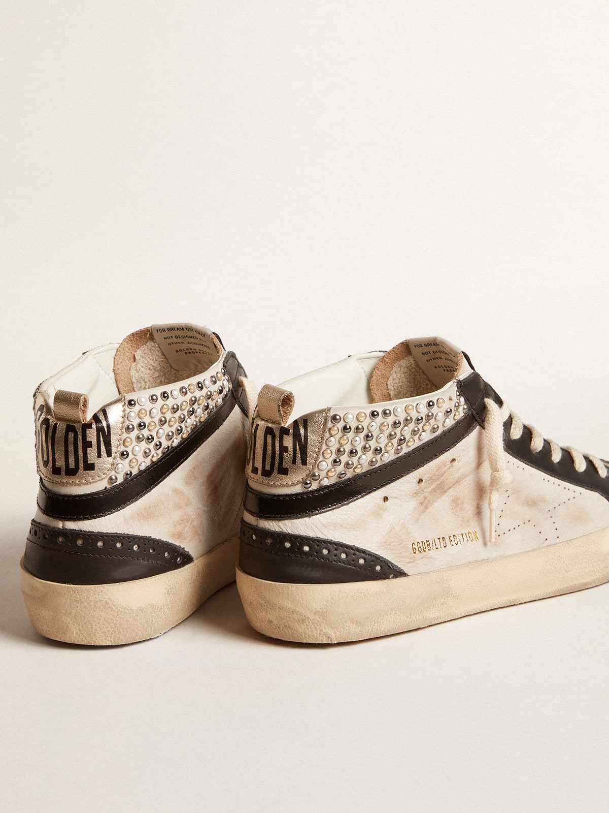 Men's Mid Star LTD in black and white leather with pearls and perforated star| Golden Goose