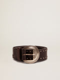 Black Ranch belt in washed leather with silver color studs| Golden Goose