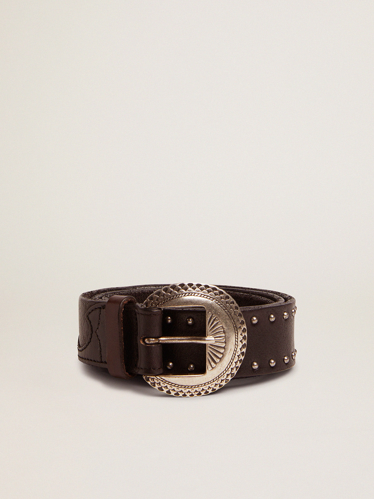 Black Ranch belt in washed leather with silver color studs| Golden Goose