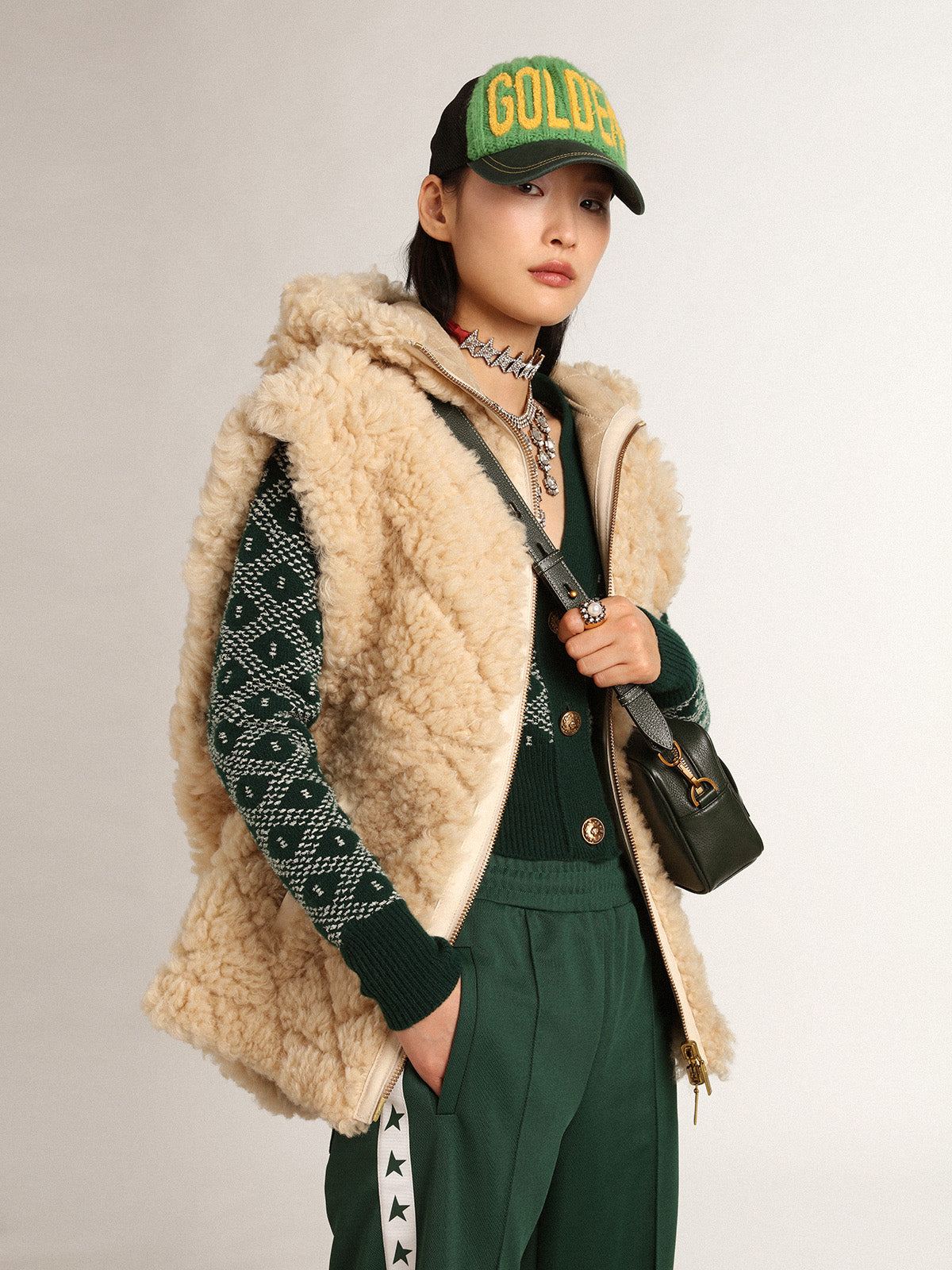Women's reversible sheepskin vest in ecru| Golden Goose