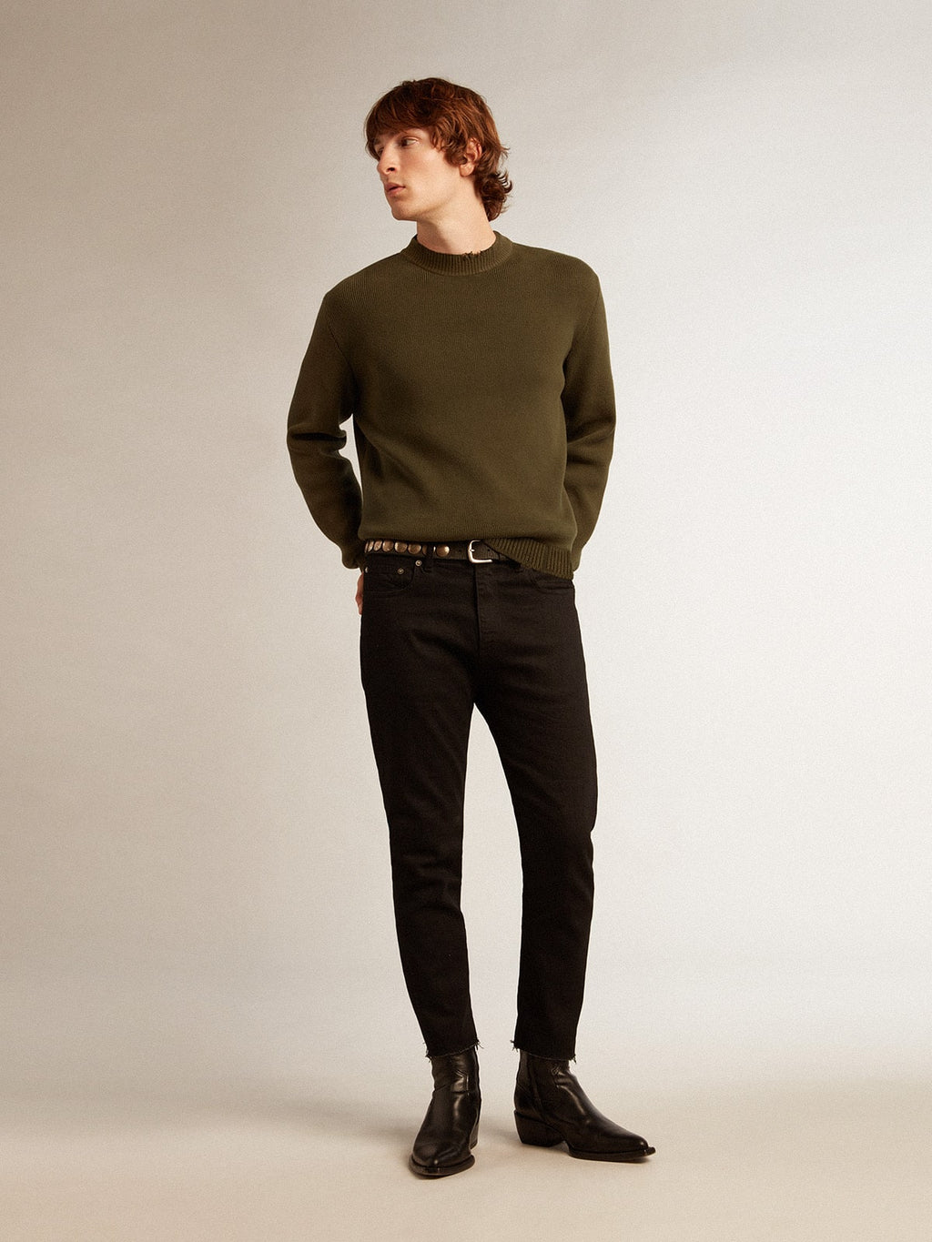 Men's round-neck sweater in military green cotton| Golden Goose