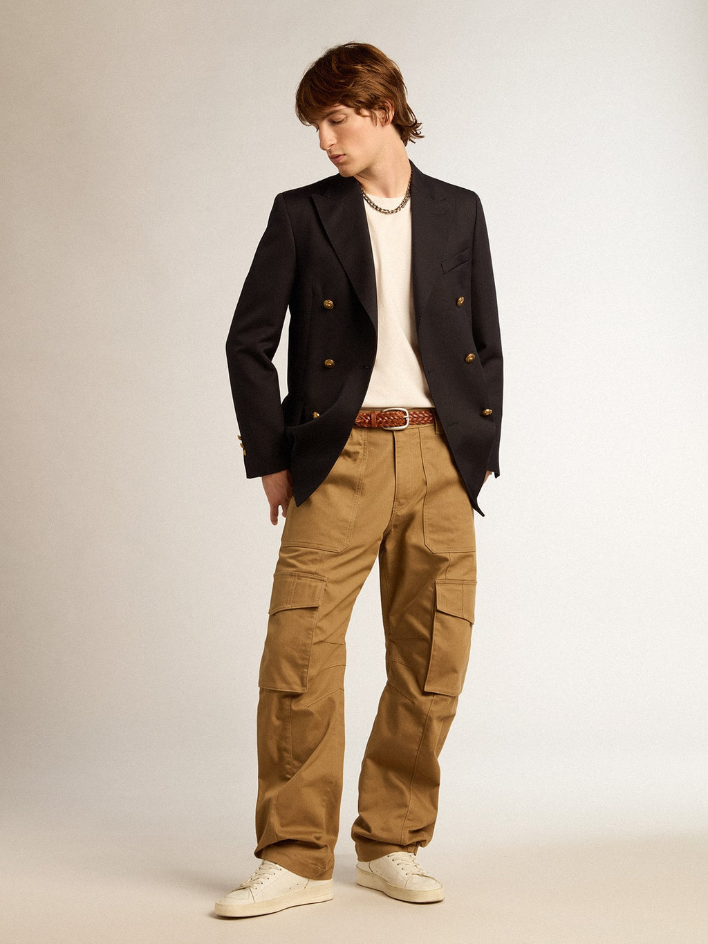 Men's double-breasted blazer in dark blue| Golden Goose