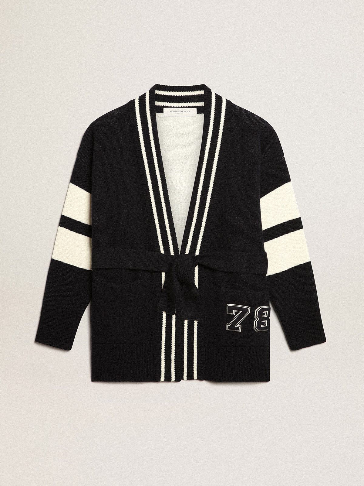 Women's blue cardigan with belt at the waist and lettering on the back| Golden Goose