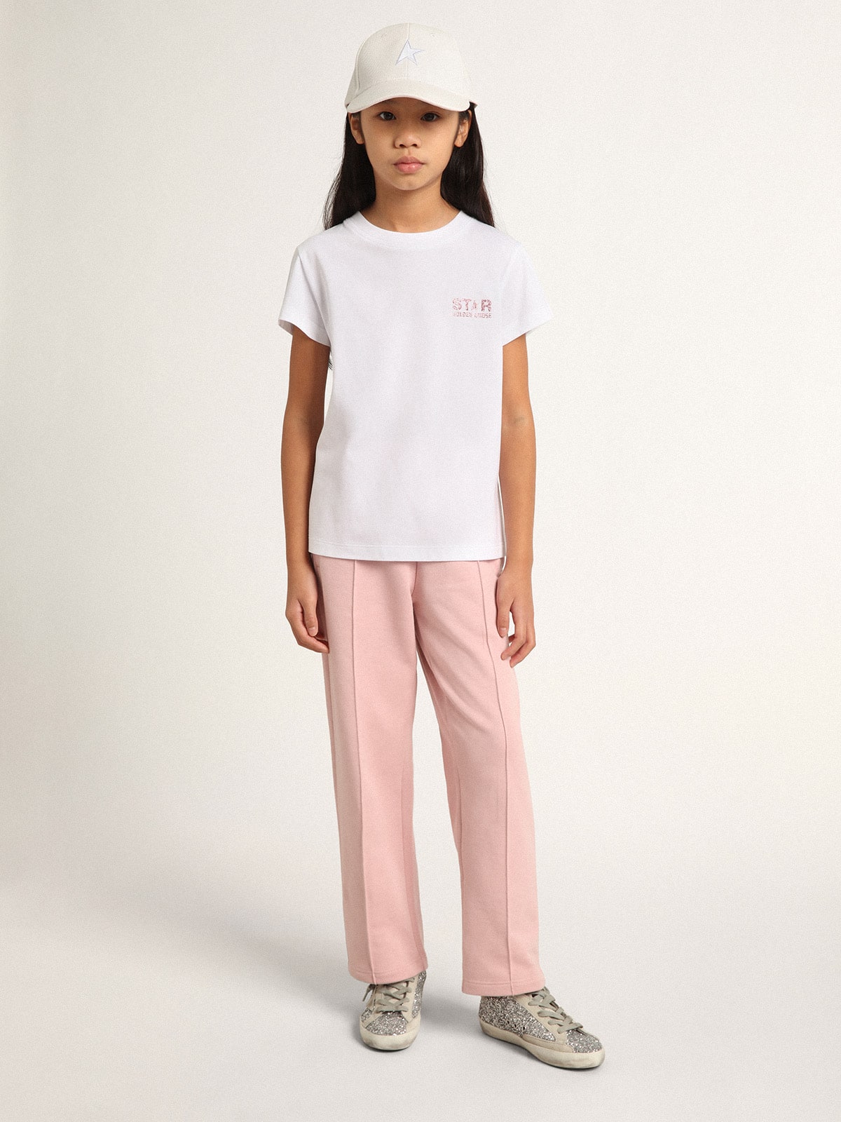 Girls' white T-shirt with pink glitter logo and maxi star| Golden Goose