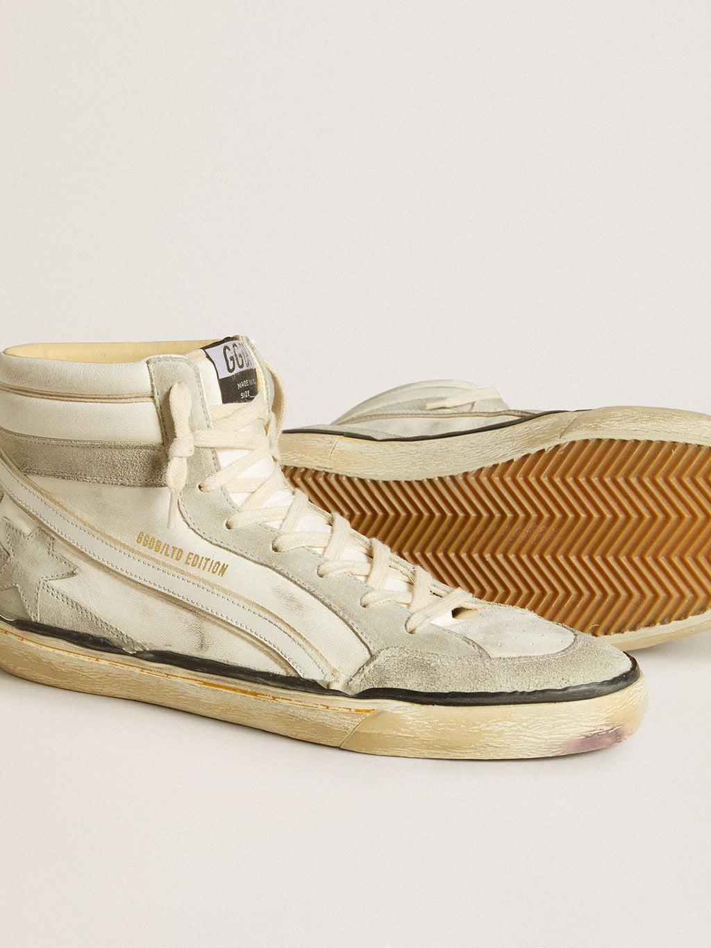 Slide LAB in aged-white nappa leather with gray suede star and white leather flash| Golden Goose