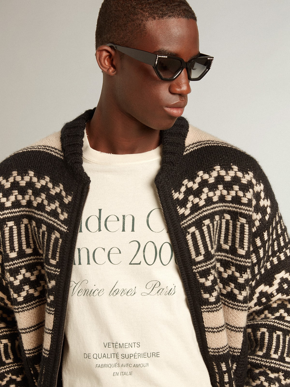 Men's cardigan in ecru wool with jacquard design| Golden Goose
