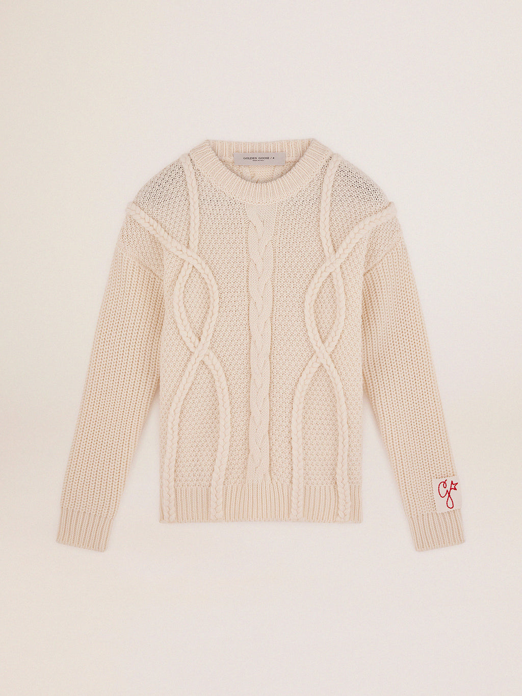 Men's crew-neck sweater in white wool| Golden Goose