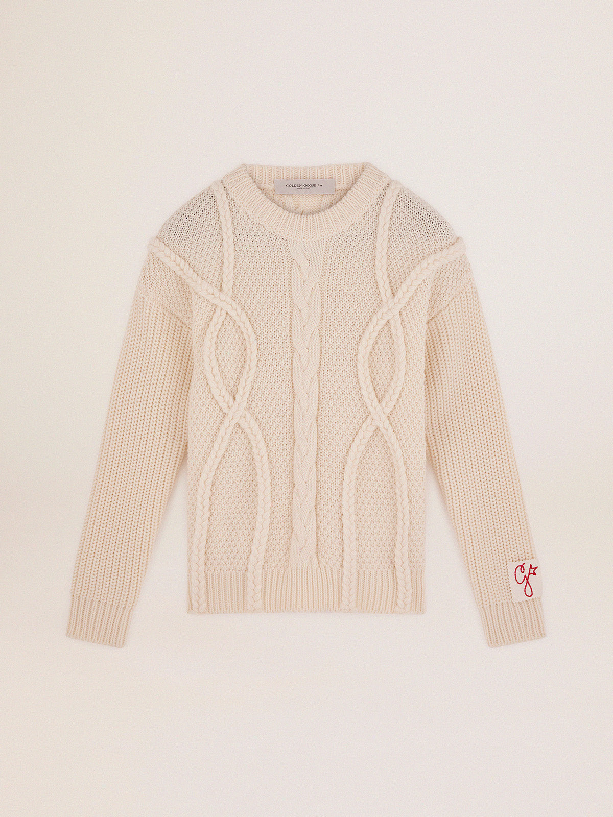 Men's crew-neck sweater in white wool| Golden Goose