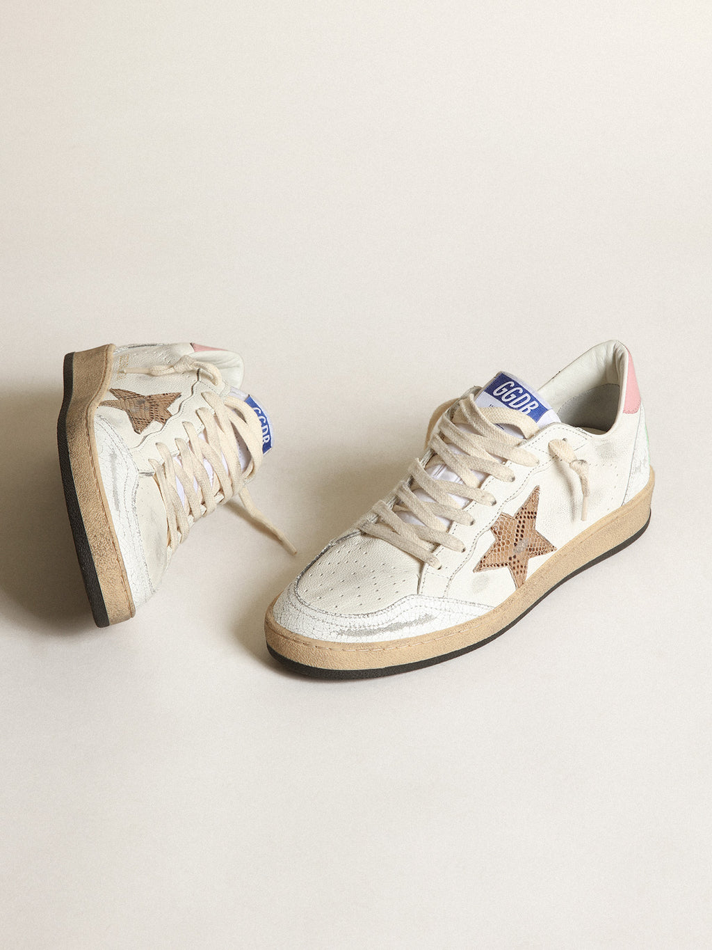 Ball Star in nappa with beige snake-print leather star and pink heel tab| Golden Goose