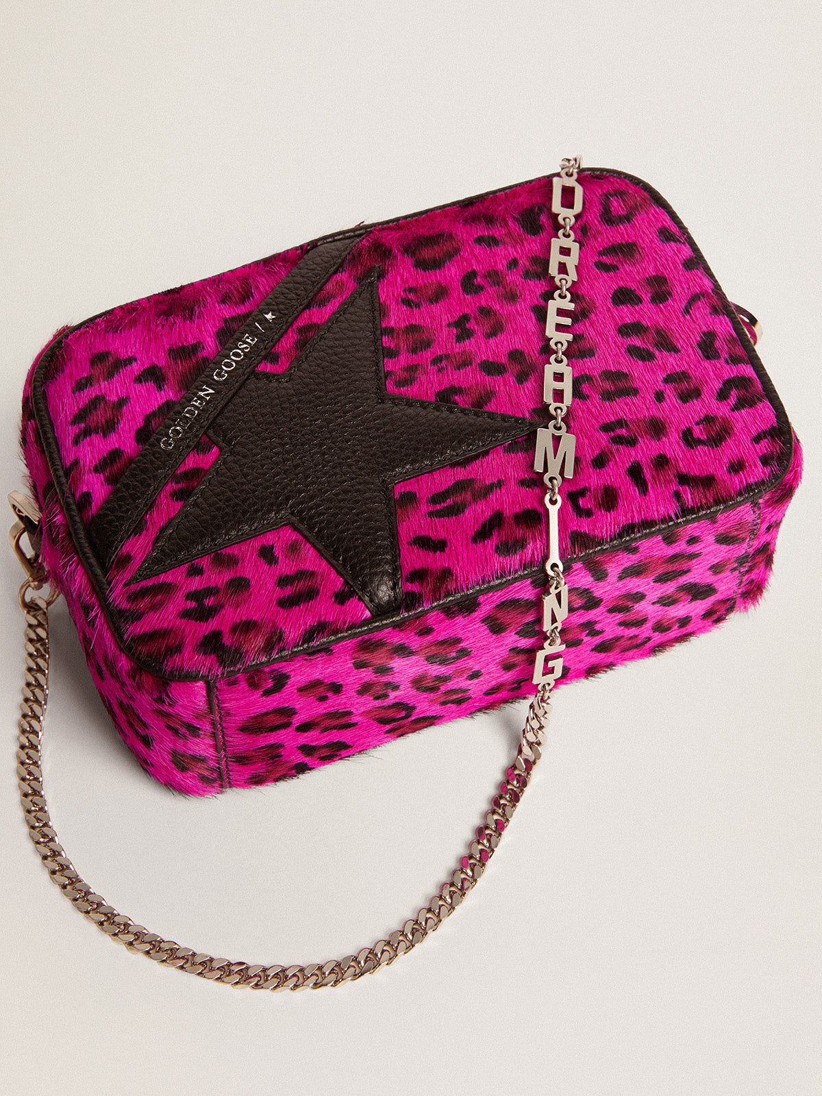 Mini Star Bag in fuchsia leopard-print pony skin with black leather star| Golden Goose