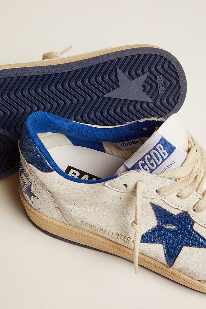 Women's Ball Star in white nappa with bright blue metallic leather star and heel tab| Golden Goose