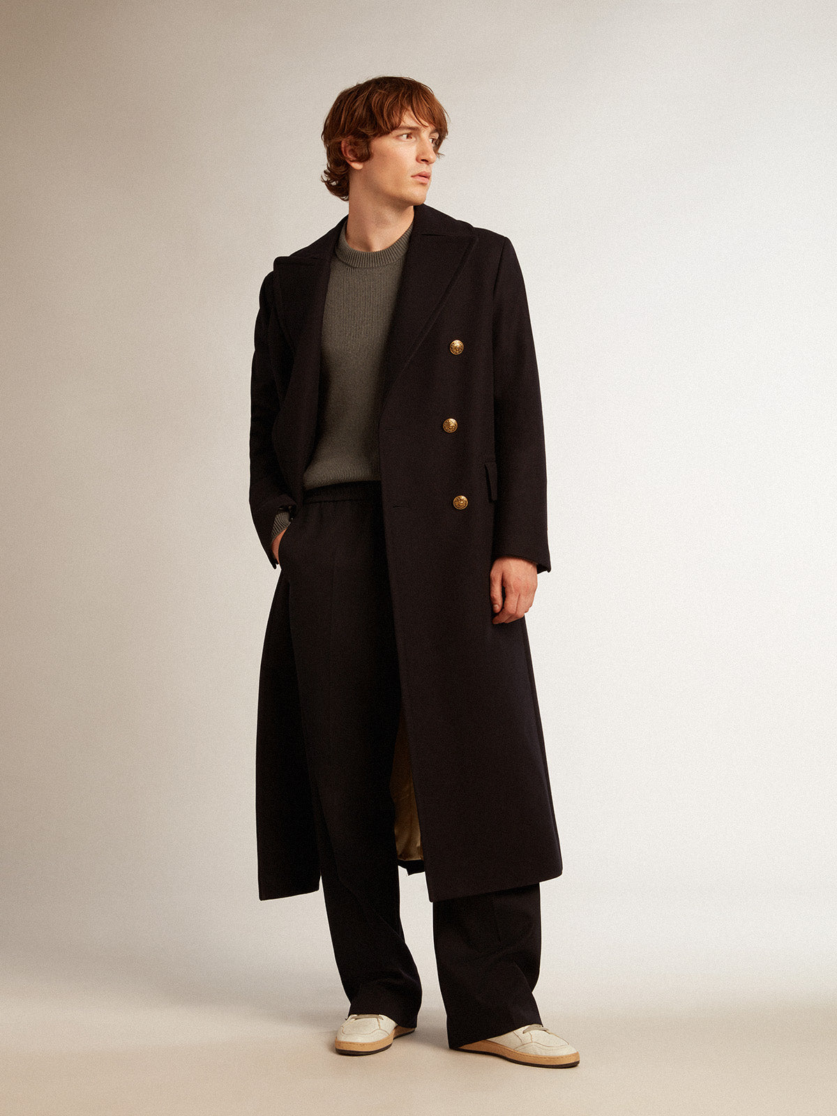 Men's double-breasted coat in blue wool with gold buttons| Golden Goose