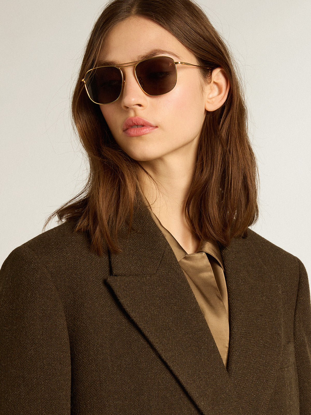 Women's one-and-a-half-breasted coat in bark-colored wool| Golden Goose