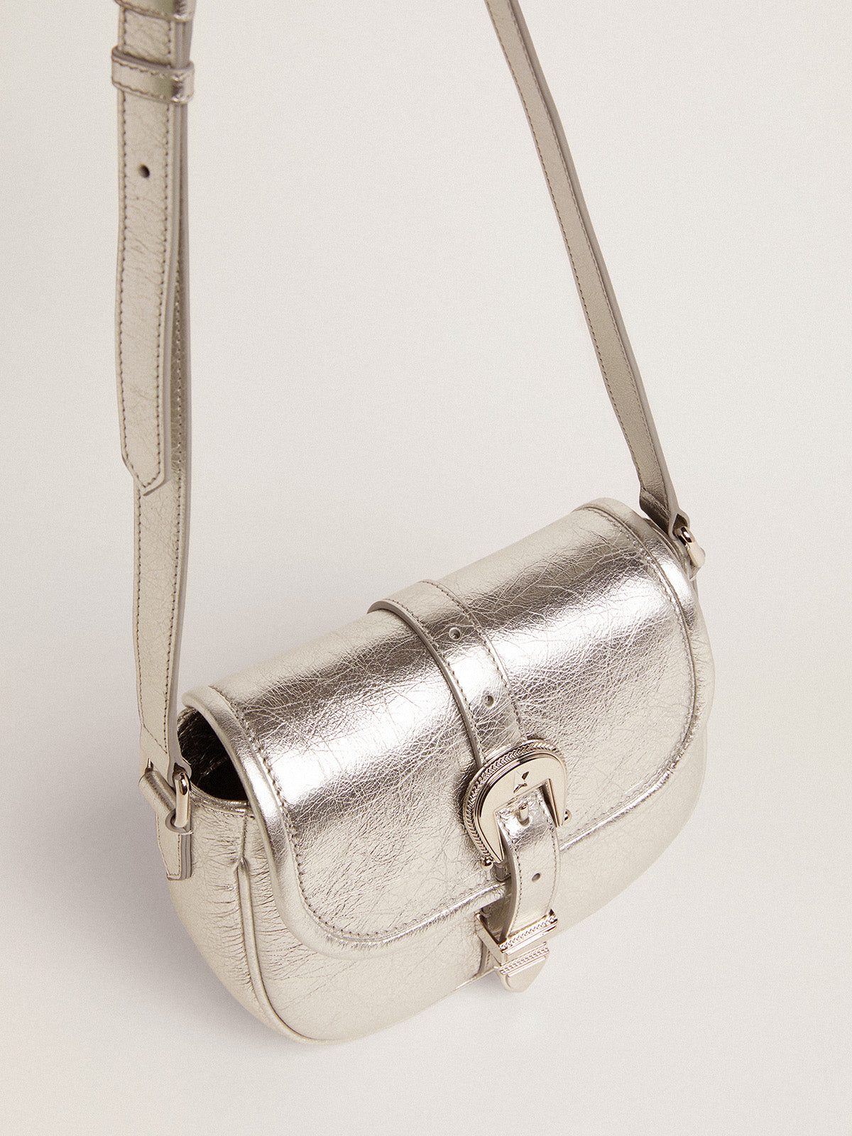 Women's small Rodeo Bag in silver laminated leather| Golden Goose