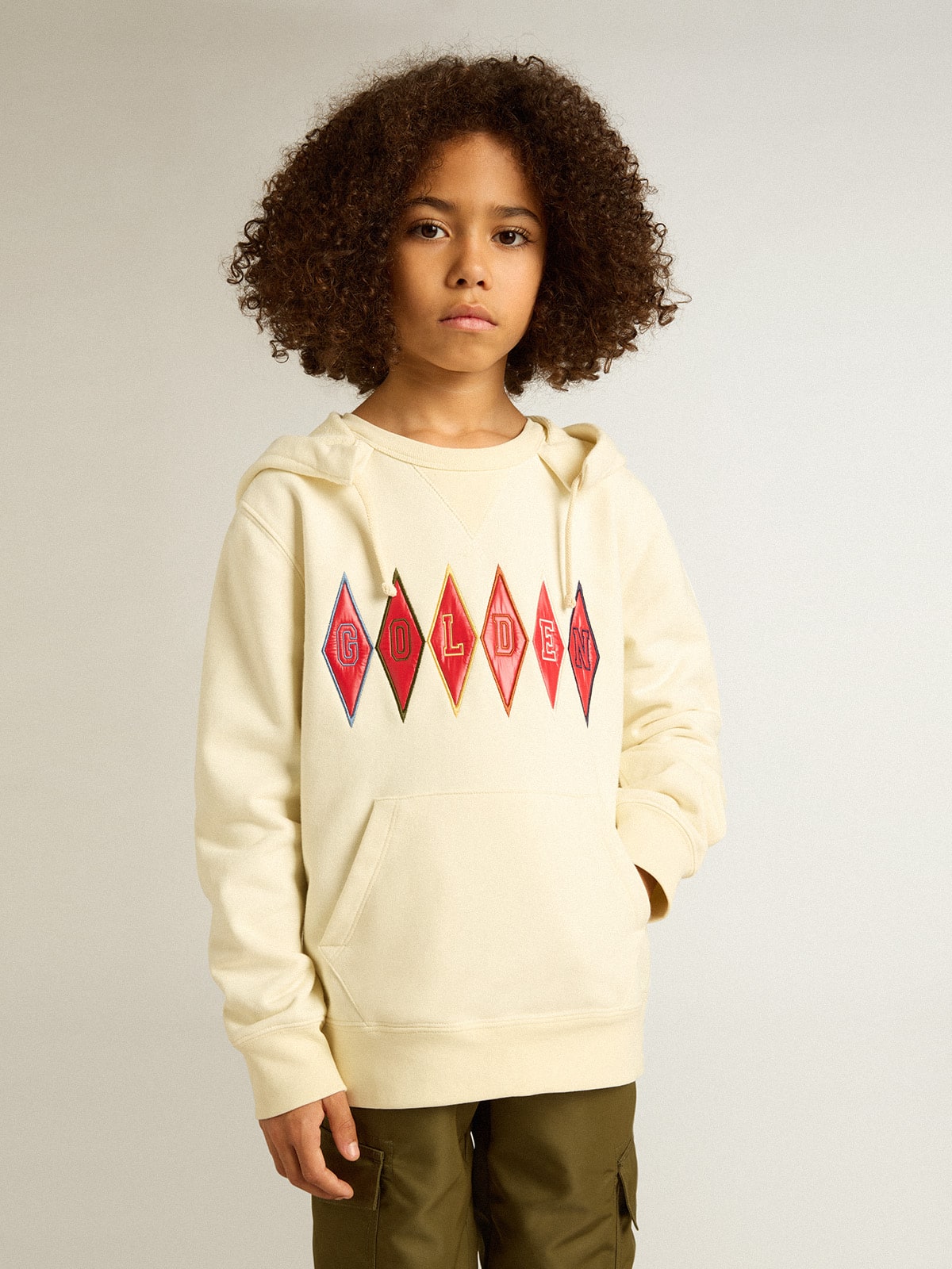 Hooded sweatshirt in worn white with Golden embroidery on the front| Golden Goose