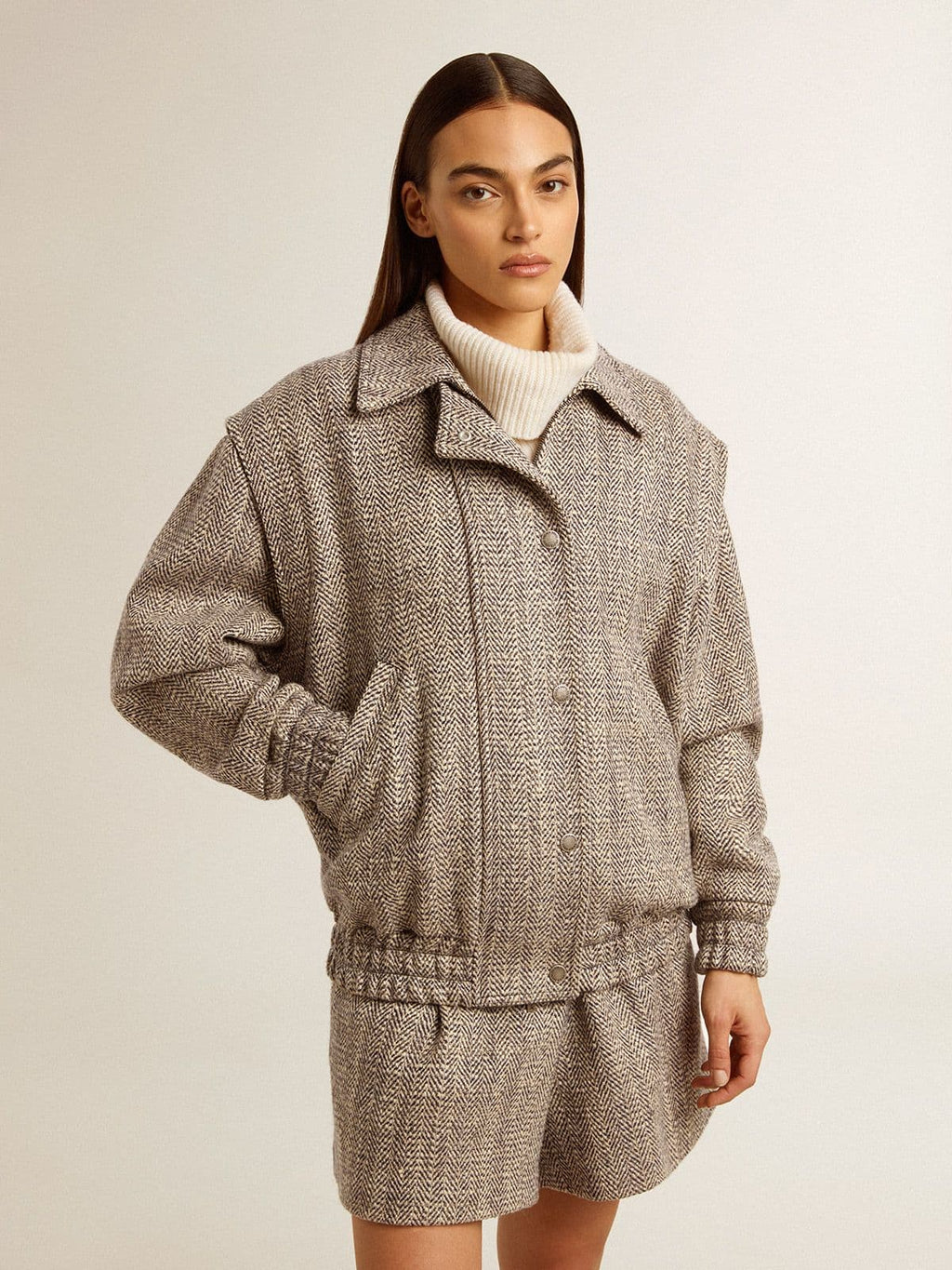 Women's bomber jacket in ecru brown herringbone wool| Golden Goose