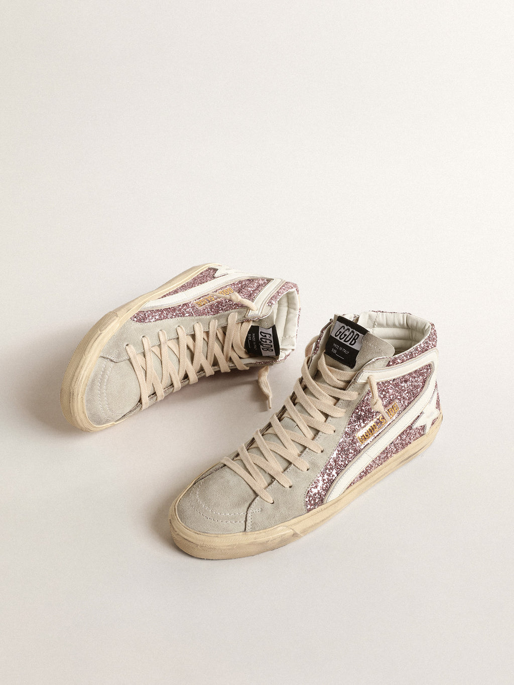 Slide in lilac glitter with white leather star and flash| Golden Goose