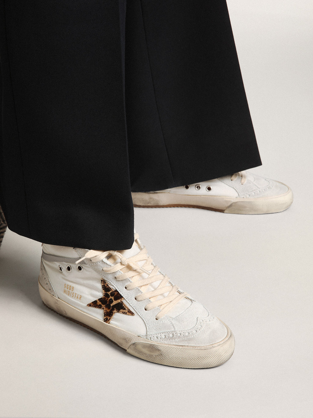 Women's Mid Star LTD in white nylon with leopard print pony skin star| Golden Goose