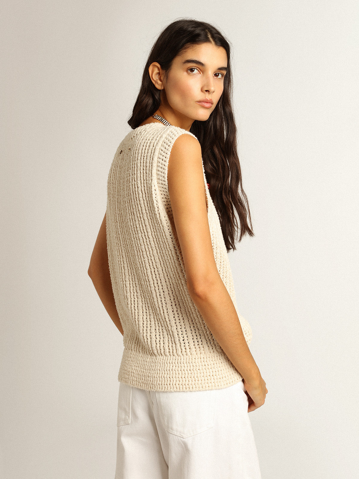 Papyrus-colored knitted sleeveless top| Golden Goose