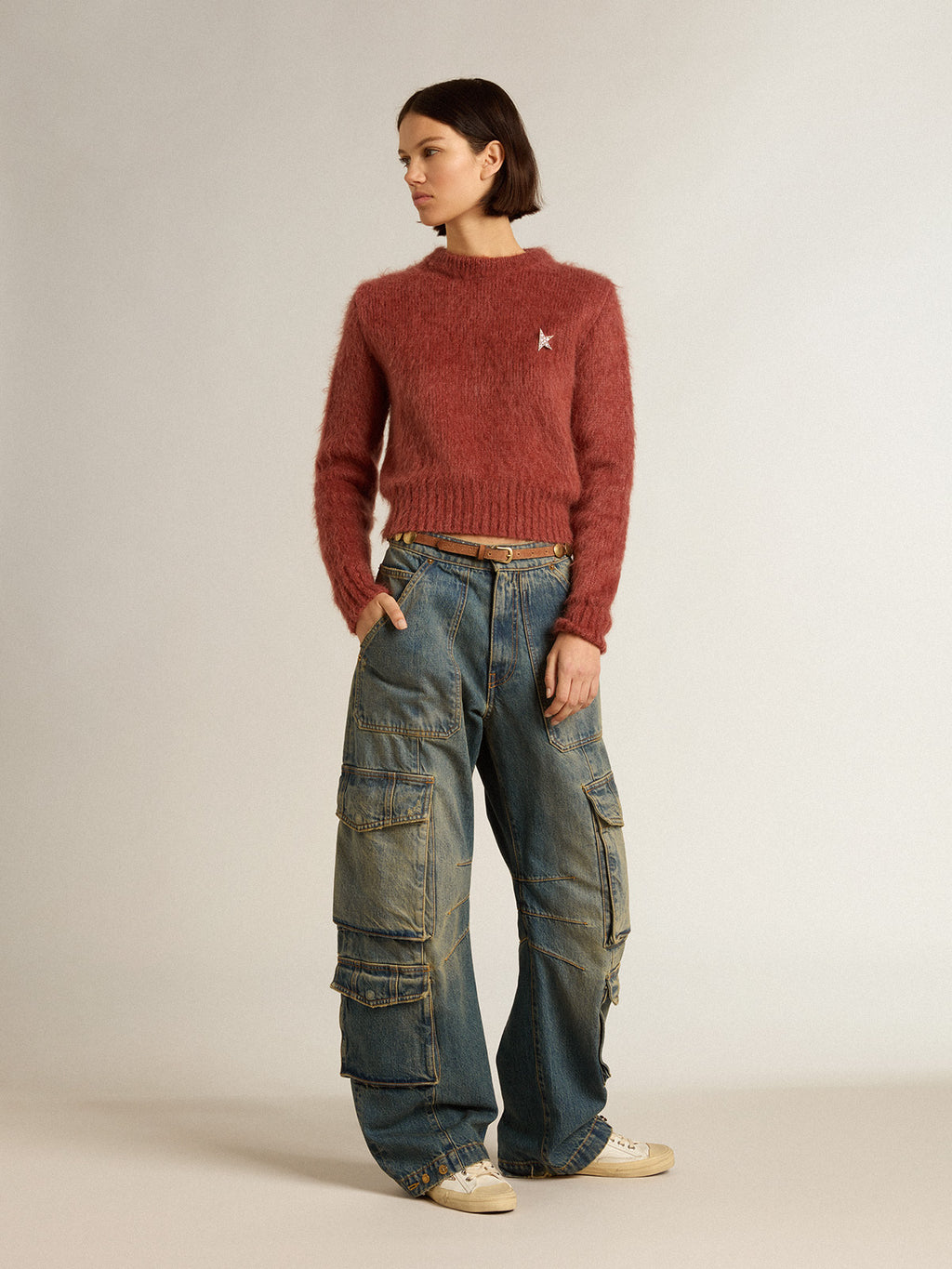 Dark lilac mohair cropped sweater| Golden Goose