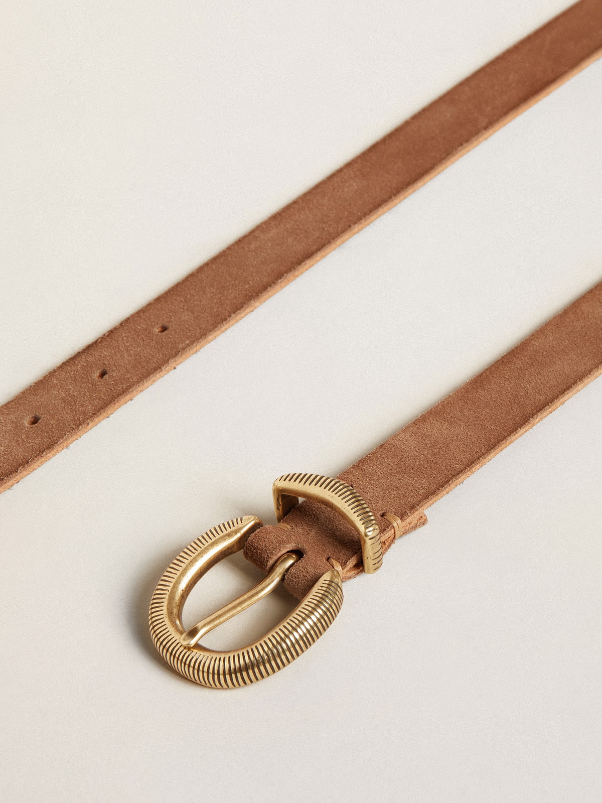 Ash-colored nubuck leather belt with gold buckle| Golden Goose