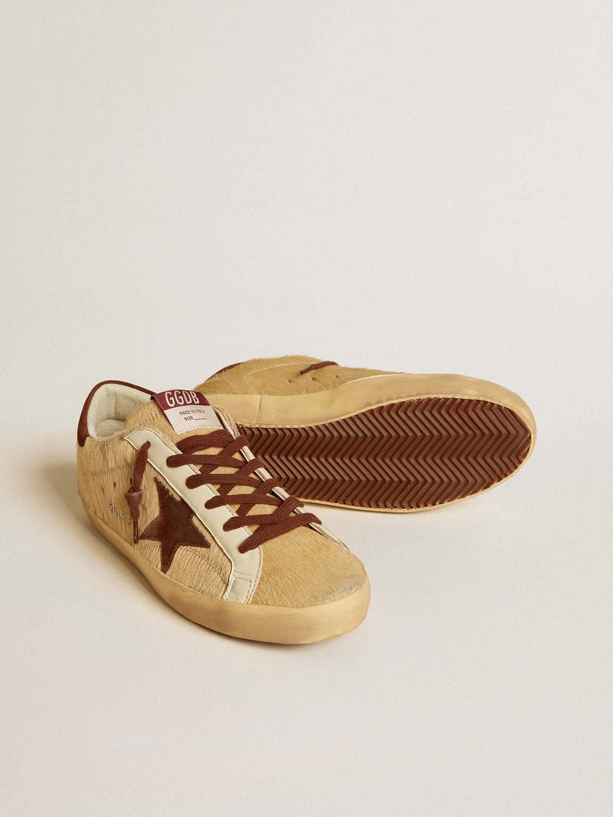 Women's Super-Star in beige pony skin with brown suede star and heel tab| Golden Goose