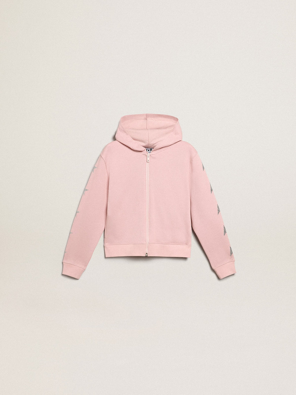 Pink sweatshirt with hood and silver glitter stars| Golden Goose