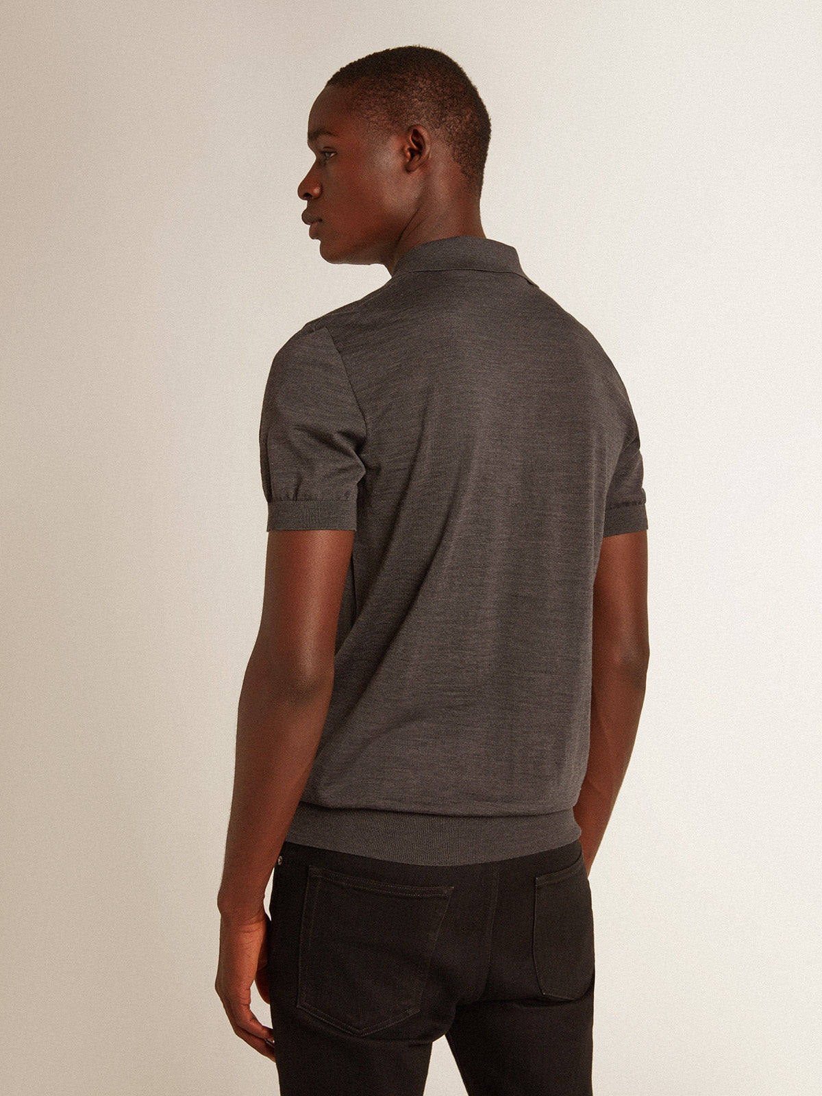 Men's short-sleeved polo shirt in gray merino wool| Golden Goose