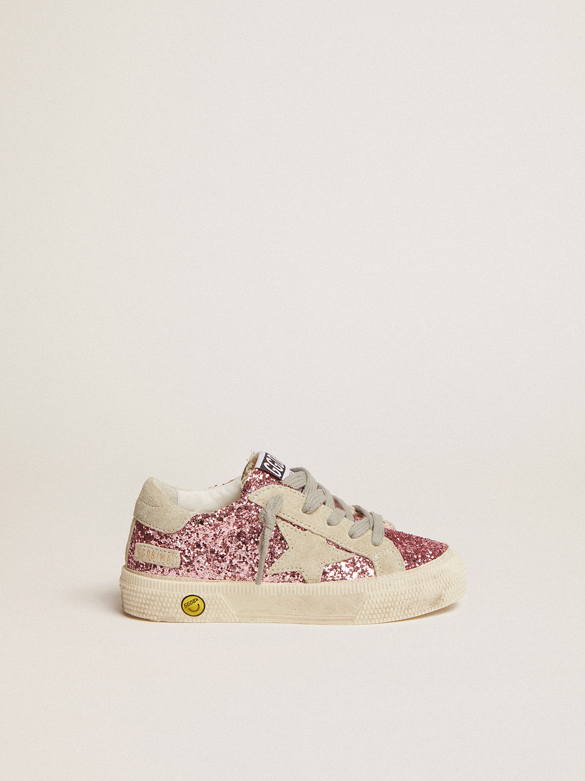May sneakers in pink glitter with star and heel tab in ice-gray suede| Golden Goose