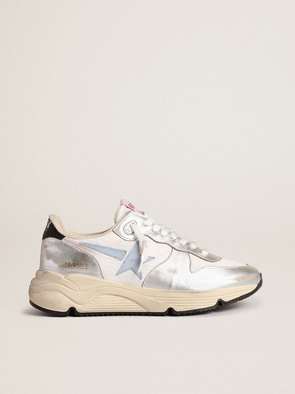 Running Sole in nylon and silver metallic leather with light blue star| Golden Goose