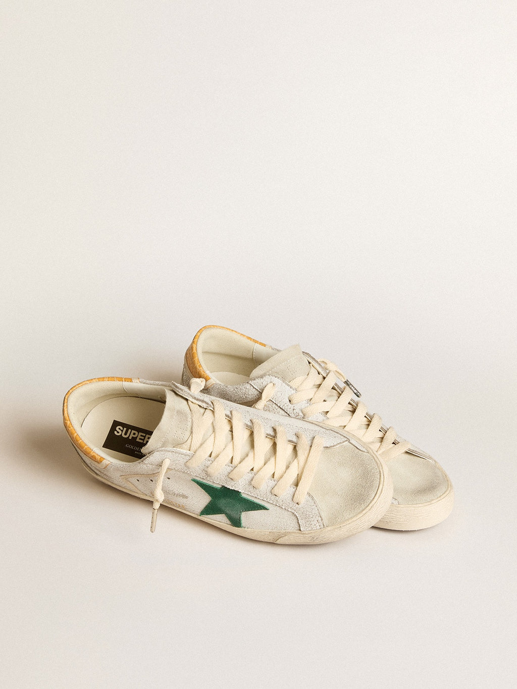 Men's Super-Star with green suede star and yellow croc-print leather heel tab| Golden Goose