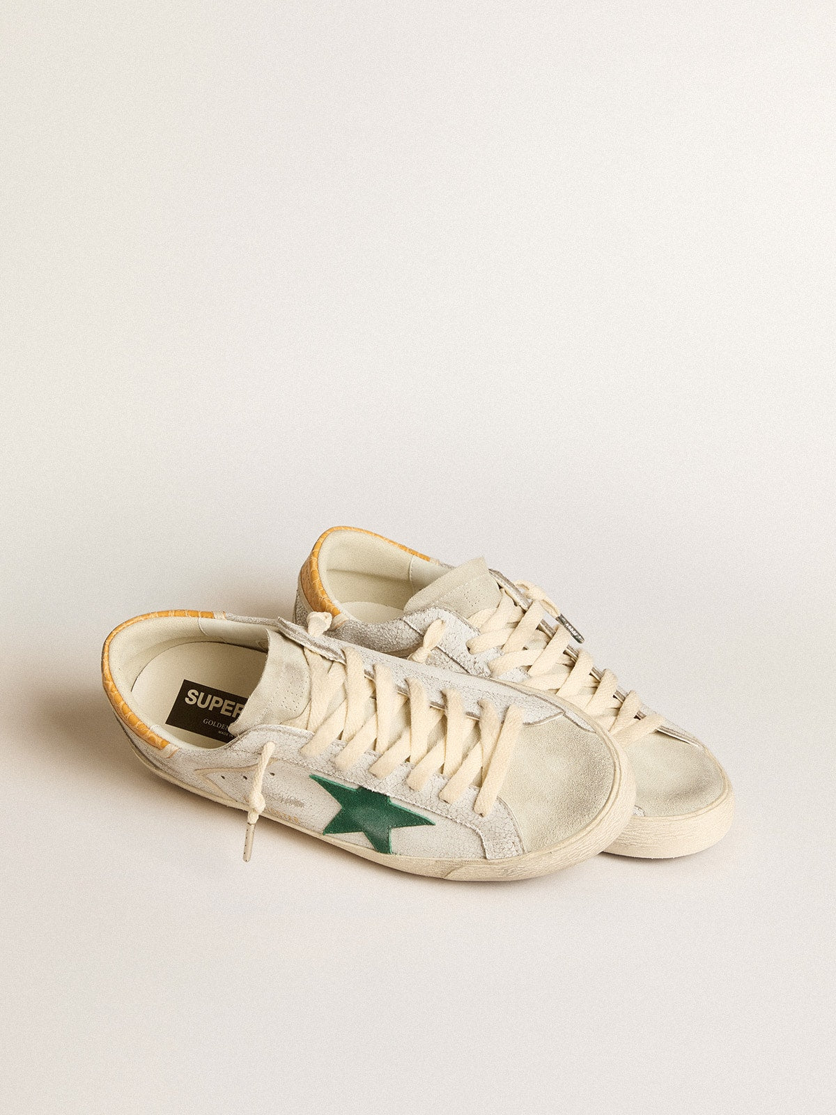 Men's Super-Star with green suede star and yellow croc-print leather heel tab| Golden Goose