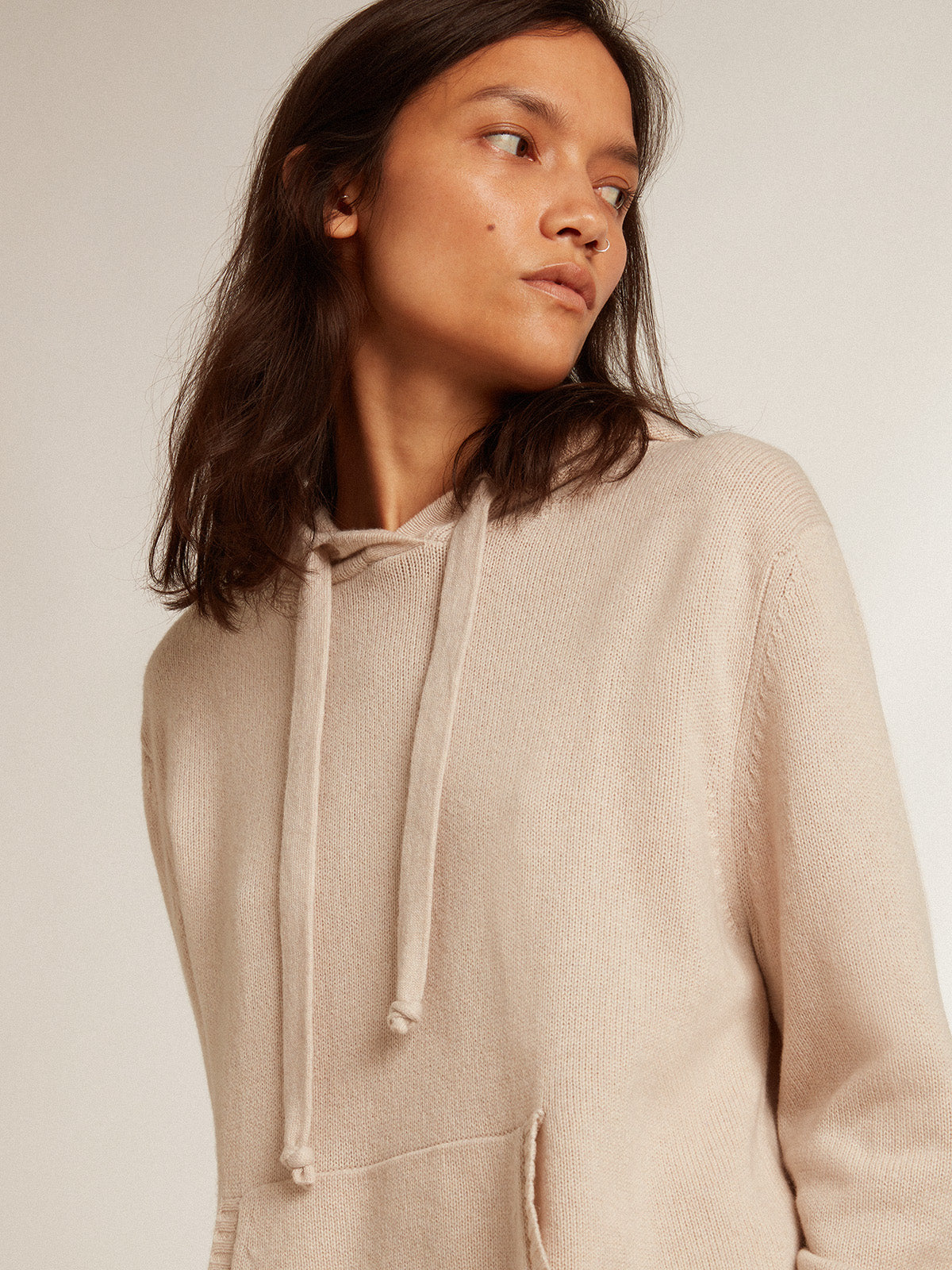 Women's white cashmere blend sweatshirt with hood| Golden Goose
