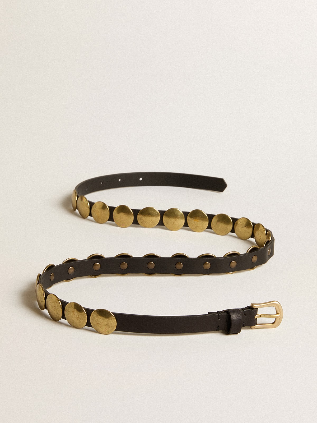 Black Trinidad belt in washed leather with gold studs| Golden Goose