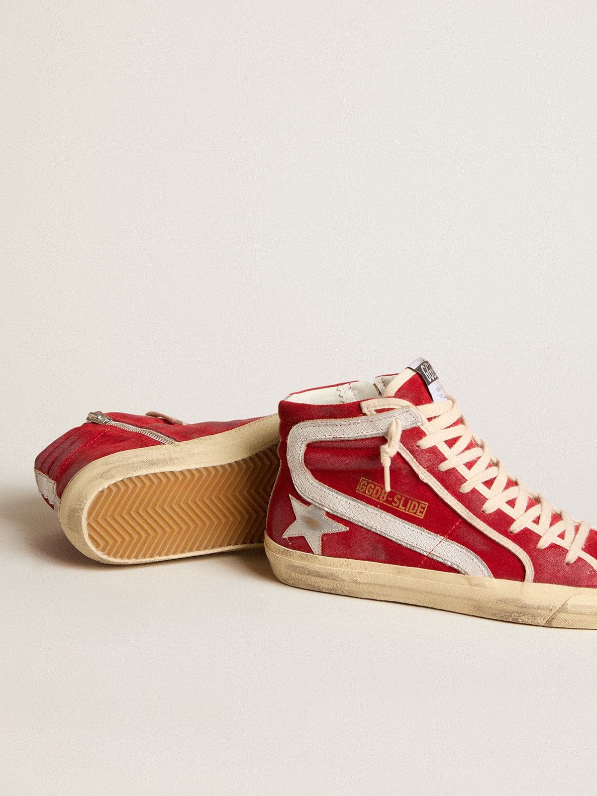 Slide in red suede with silver star and lizard print flash| Golden Goose