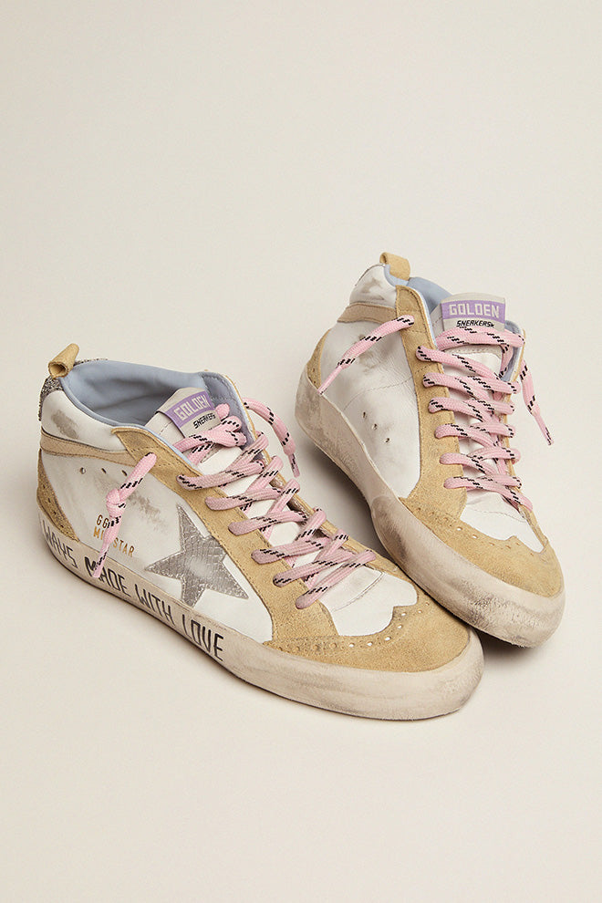 Mid Star with silver star and cream snake-print leather flash| Golden Goose